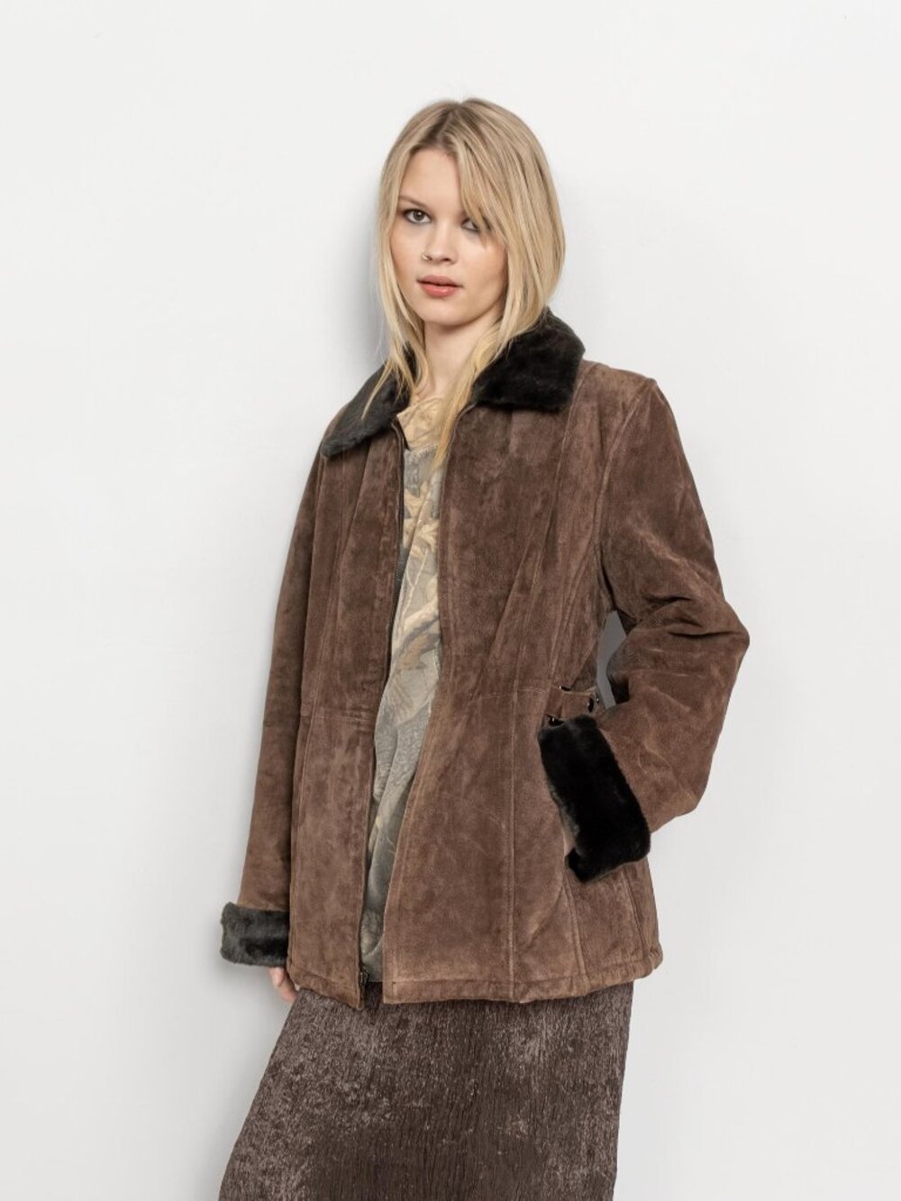 SHERPA SUEDE JACKET Coat Vintage Brown Faux Fur 2000s / Medium Large